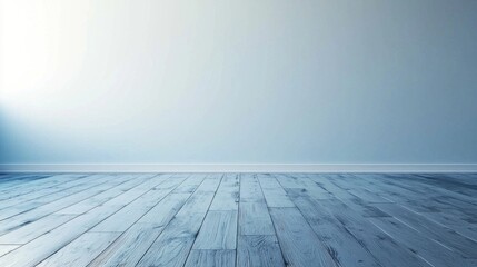 A spacious, empty room with a wooden floor and a white wall. The room has a minimalist design with a clean and modern aesthetic.