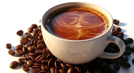 A steaming cup of freshly brewed coffee surrounded by roasted coffee beans, with rich dark tones and a perfect crema on top. A great image for coffee lovers