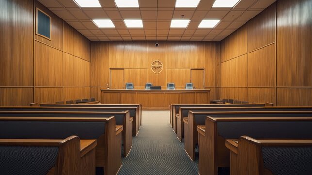 A courtroom with wooden paneling, a bench, and a judge's bench in the background. - Powered by Adobe