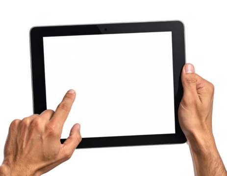 Male hands holding a digital tablet with a blank screen, finger tapping it. Isolated on transparent background.