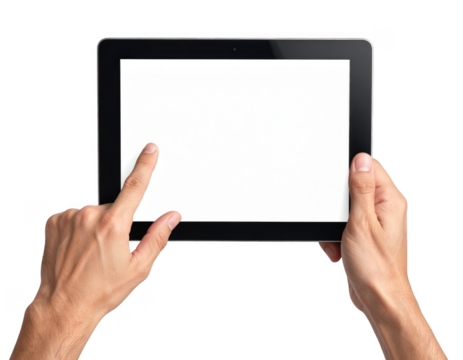 Male hands holding a digital tablet with a blank screen, finger tapping it. Isolated on transparent background.