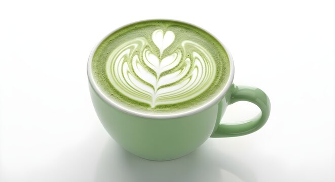 A cup of smooth and creamy matcha latte with delicate foam art on top, served in a clean white cup. A perfect beverage for tea lovers