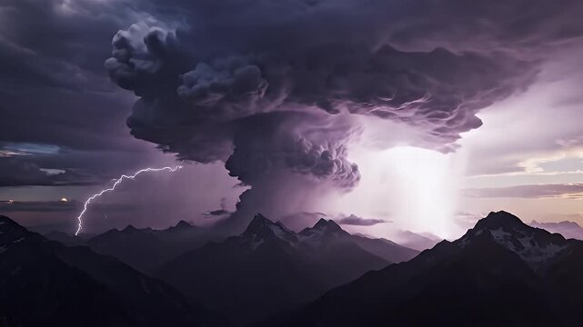 Dramatic Volcanic Eruption with Lightning and Ash Cloud Over Mountain Range.