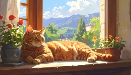A relaxed orange tabby cat basks in sunlight by a window, overlooking a serene landscape of rolling hills and distant mountains
