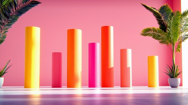 A vibrant scene featuring a series of colorful cylindrical pillars, resembling a bar graph, set against a bright pink wall with lush green plants. - Powered by Adobe