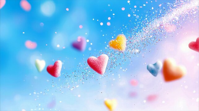 A collection of colorful, soft-focus hearts drift through a bright blue sky, accompanied by a trail of shimmering glitter.