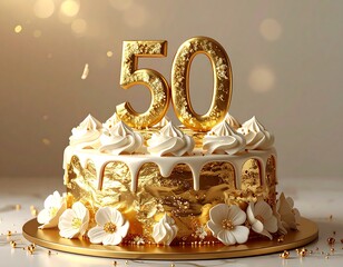 A golden, tiered cake adorned with a "50" celebrating an anniversary or milestone. White frosting and flowers add delicate detail