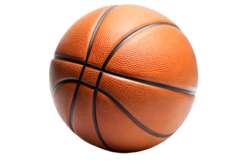 A close up view of a standard orange basketball with black stripes