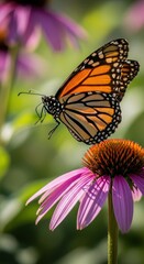 Fototapeta premium Delicate monarch flitting among vibrant coneflowers in a sun-drenched garden sanctuary