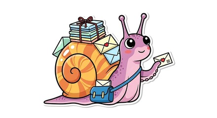 Cute cartoon snail mail carrier delivering a stack of letters and packages.