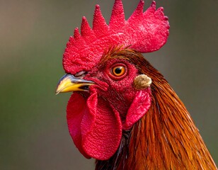 Close-up of a rooster, displaying vibrant red comb, wattle, and feathers