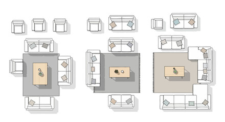 top view furniture arrangements and diverse living room layouts in a clean plan view template for interior design and space planning.