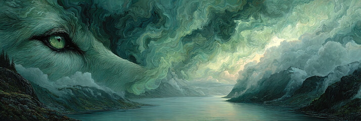 The great spirit of the wild, a celestial wolf's gaze overlooking a tranquil mountain valley and serene lake