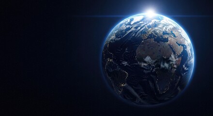 Fototapeta premium The Earth, a blue and green planet with a glowing sun in the background, viewed from space.