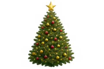 Decorating christmas tree with golden star, festive baubles, and sparkling lights on transparent background
