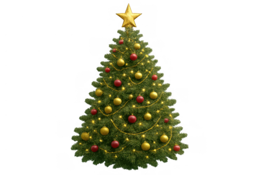 Decorating christmas tree with golden star, festive baubles, and sparkling lights on transparent background