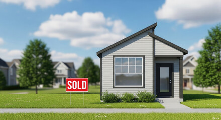 A small, gray house with a sold sign in front, surrounded by green grass and trees, with a clear blue sky in the background.