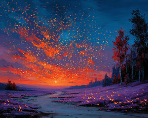 Sunset over a mystical meadow adorned with countless radiant golden specks, creating a breathtaking and enchanting twilight spectacle under a vast, star-dusted sky