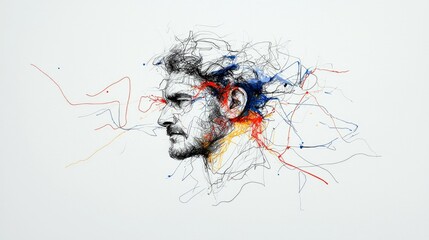 A profile view of a man's face drawn with black ink lines and splashes of red, blue, and yellow.