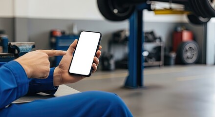 A person in a blue uniform holding a smartphone with a blank white screen in a workshop setting.