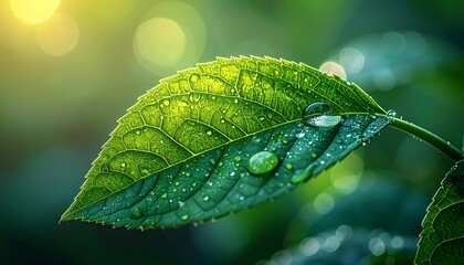 Close-up of a vibrant green leaf, covered in glistening raindrops