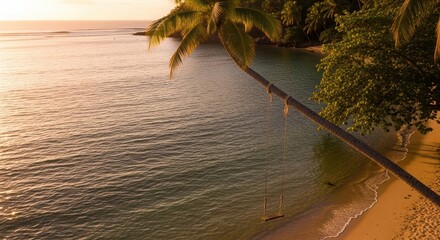 Relaxing tropical beach escape with palm tree swing at sunset for vacation vibes