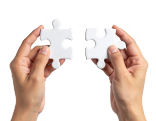 Hands connecting two white jigsaw puzzle pieces for a teamwork solution isolated on white and transparent background