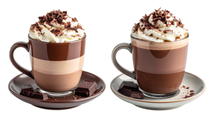 Mug of Hot Chocolate with Toppings and Saucer isolated on transparent background