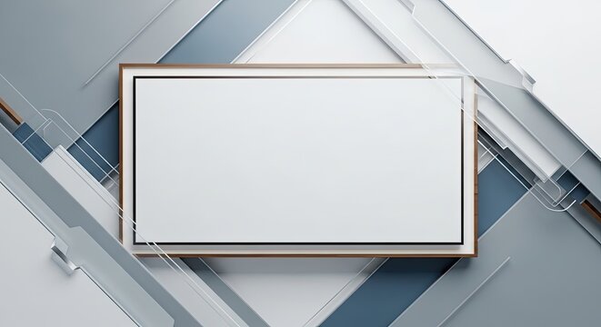 A white rectangular frame with a blank white interior, set against a geometric background with blue and white shapes.