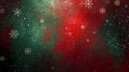 Abstract Christmas background with falling snowflakes on a textured surface featuring blended shades of red and green.