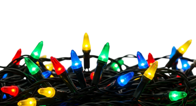 Closeup of a tangled pile of colorful incandescent christmas string lights with various colored bulbs against a transparent background, isolated on transparent background