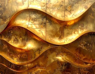 Close-up of undulating golden metal panels, textured and flowing