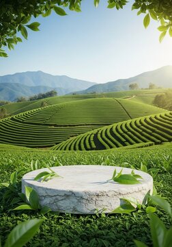 Stone podium on tea plantation with mountain background in morning