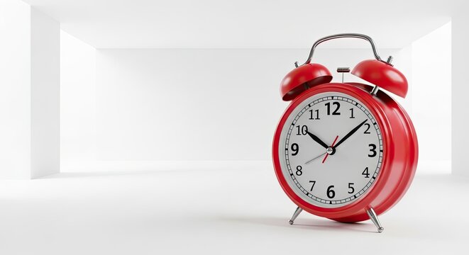 A red alarm clock with a white face and black numbers in a minimalist room.