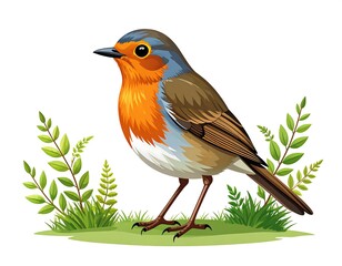 Cartoon illustration of a robin, standing on grass with leaves
