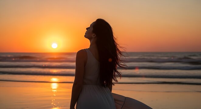Silhouette of a surfer girl enjoying the sunset at the beach.