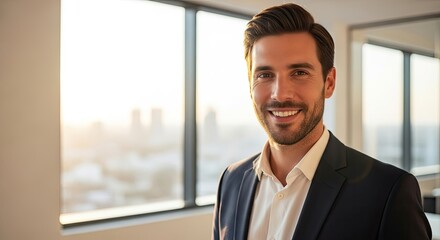 A smiling man in a suit standing in front of a window with a cityscape in the background.