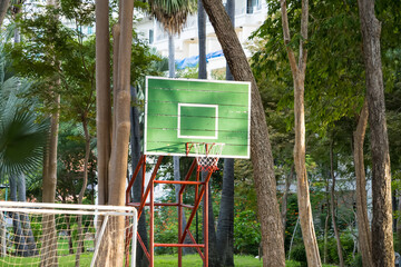 Old green basketball hoop with backboard placed outdoors among tall trees in a park or playground