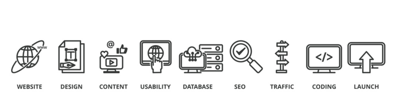Homepage banner vector illustration concept with icon of website, design, content, usability, database, SEO, traffic, coding and launch