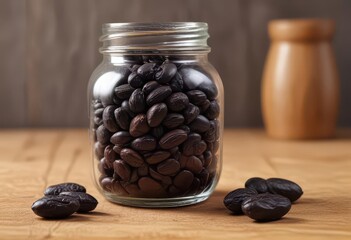 Aromatic tonka beans in a small glass jar on a wooden shelf,  aromatics,  herb preservation