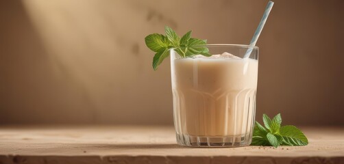 Creamy vegan horchata drink in a vintage glass with a straw and mint leaves,  summery drink,  horchata latte