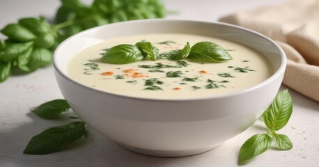 Creamy white soup in a bowl with fresh basil leaves garnished on top ,  cut out,  food