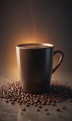 Dark liquid rises from a cup in a hazy atmosphere with scattered coffee beans ,  atmosphere,  texture