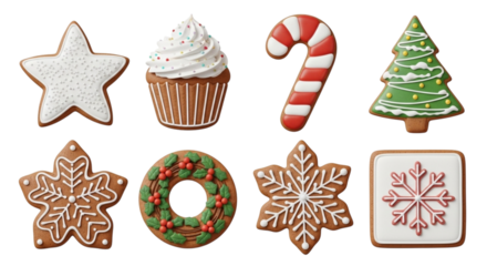 Collection of assorted christmas gingerbread cookies and a cupcake with white frosting, isolated on transparent background