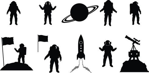 Vector illustration collection featuring black silhouettes of astronauts, saturn planet with rings, rocket ship launch, telescope, and spaceman planting flag on the moon surface. © Shammi's World