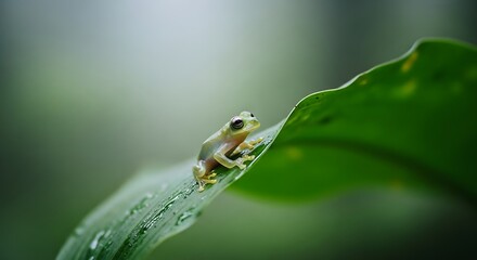 Tiny Frog Perched on a Lush Green Leaf in a Misty Forest.
