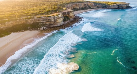 Stunning aerial view of pristine beach and rugged coastline on sunny day