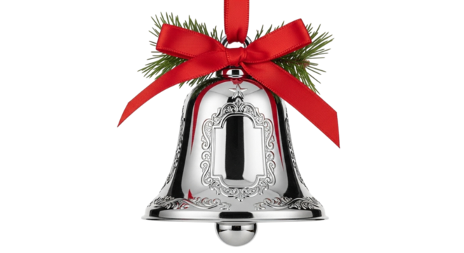 Elegant silver christmas bell ornament decorated with a bright red satin bow and small sprig of pine, isolated on transparent background
