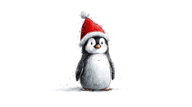 A cute penguin wearing a christmas hat standing on a white background looking at the viewer directly - Powered by Adobe
