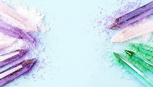 A collection of purple, pink, and green crystals scattered with powder on a light blue background. - Powered by Adobe